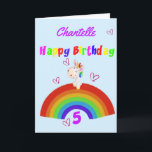 Cute Unicorn 5th Birthday Card<br><div class="desc">This is a cute unicorn 5th birthday card. This colorful 5th birthday card features a white unicorn sitting on a rainbow surrounded by hearts and colorful text. A cute design for a young girl who will be five years old with a love for unicorns . This card can be personalized...</div>
