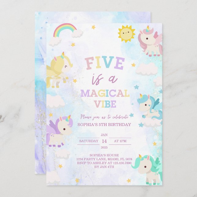 Cute Unicorn 5th Birthday Invitation (Front/Back)