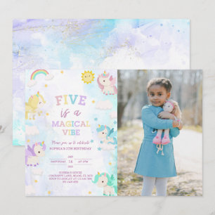 Cute Unicorn 5th Birthday Photo Invitation