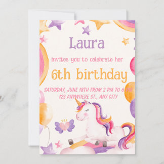 Cute Unicorn 6th Birthday Invitation for Girls