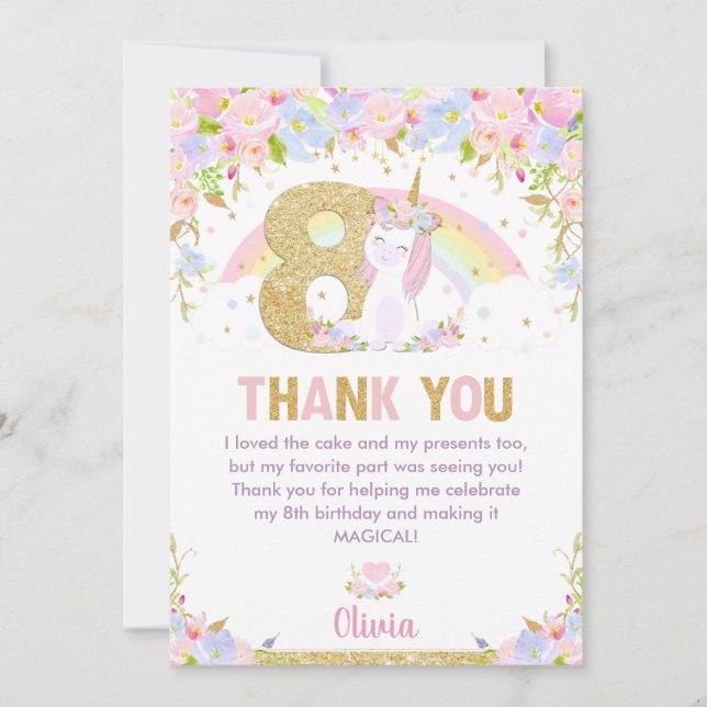 Cute Unicorn 8th Birthday Rainbow Floral Thank You (Front)