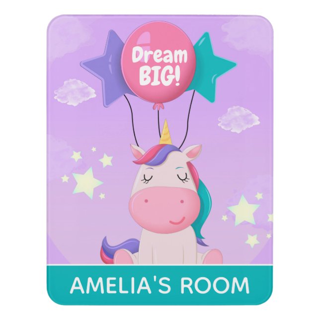 Cute Unicorn and Balloons Dream Big Personalised Door Sign (Contemporary Vert)