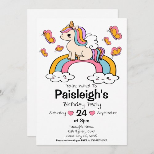 Cute Unicorn and Butterfly Party  Invitation