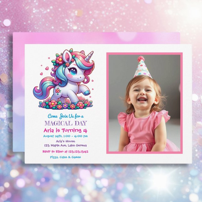 Cute Unicorn and Child's Photo Birthday Invitation (Creator Uploaded)