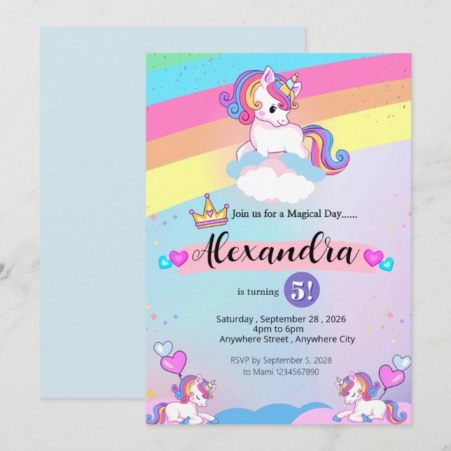 Cute Unicorn and Colourful Rainbow Birthday  Invitation (Front/Back)