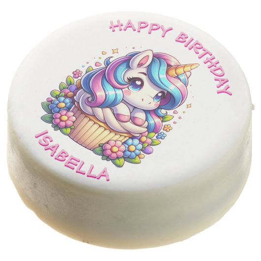 Cute Unicorn and Cupcake Personalized Birthday Chocolate Covered Oreo (Angled)