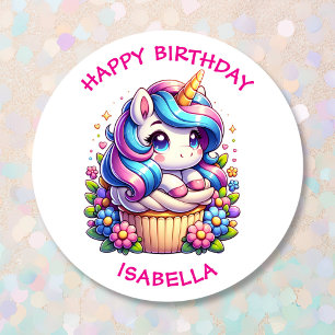 Cute Unicorn and Cupcake Personalized Birthday Classic Round Sticker