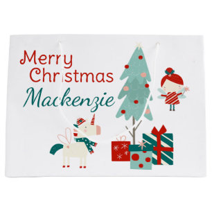 Cute Unicorn and Fairy Custom Name Merry Christmas Large Gift Bag