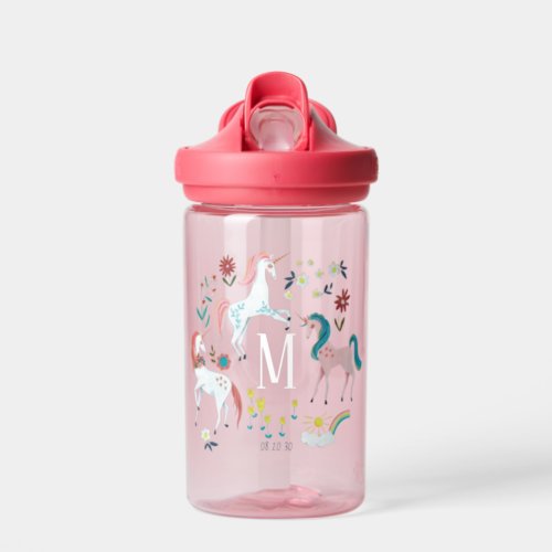 Cute unicorn and flowers kids pink monogram water bottle