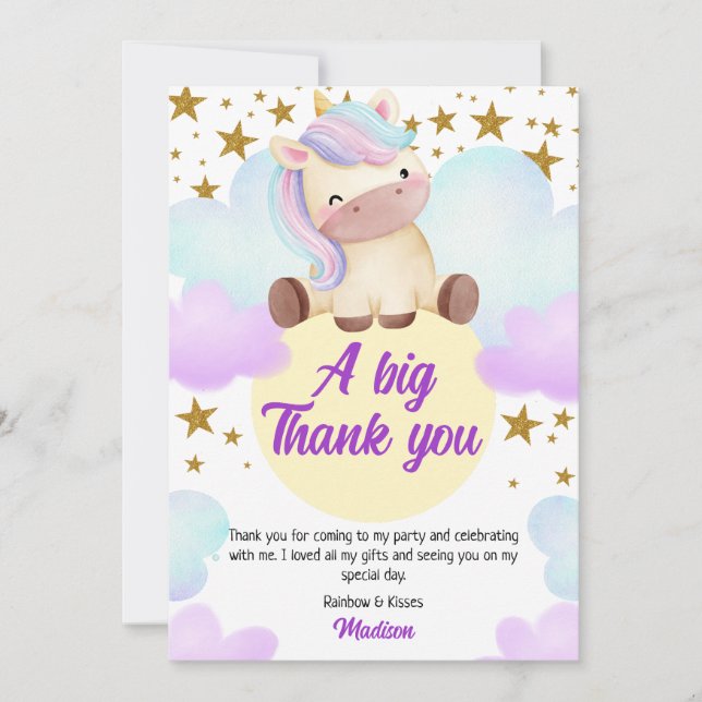 Cute Unicorn and Gold Stars Birthday Thank You Card (Front)