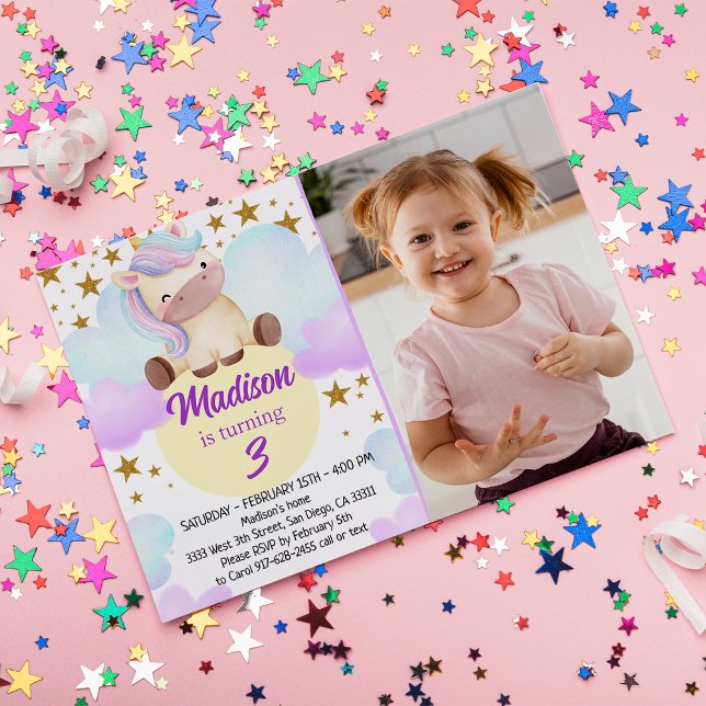Cute Unicorn and Gold Stars Photo Birthday Invitation (Creator Uploaded)