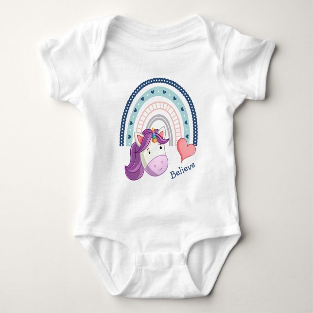 Cute Unicorn and Heart Rainbow Baby Bodysuit (Front)