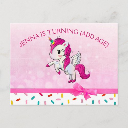 Cute Unicorn and Pink Candy Sprinkles Birthday Postcard