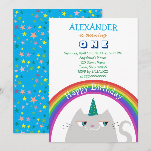 Cute Unicorn and Rainbow 1st Birthday Invitation (Front/Back)