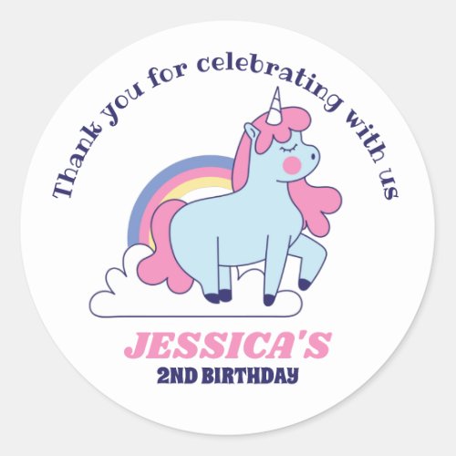 Cute Unicorn And Rainbow Kids Birthday Party Favor Classic Round Sticker