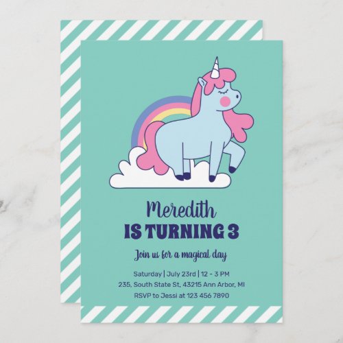 Cute Unicorn and Rainbow Kids Girls Birthday Invitation