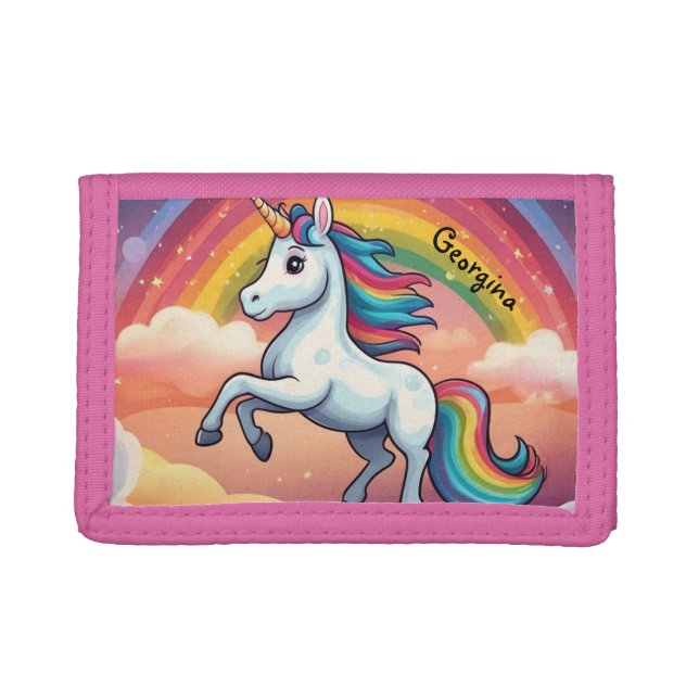 Cute Unicorn and Rainbow Personalized Trifold Wallet (Front)