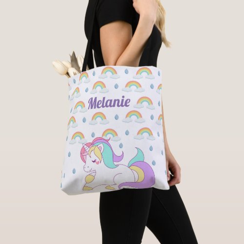 Cute Unicorn and Rainbows Personalised Girls Tote Bag