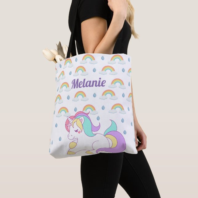 Cute Unicorn and Rainbows Personalised Girl's Tote Bag (Close Up)
