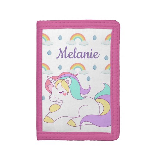 Cute Unicorn and Rainbows Personalised Girls Trifold Wallet