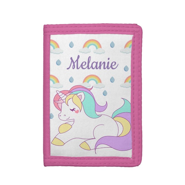 Cute Unicorn and Rainbows Personalised Girl's Trifold Wallet (Front Vertical)