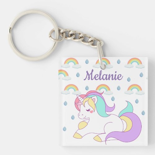 Cute Unicorn and Rainbows Personalised Keychain