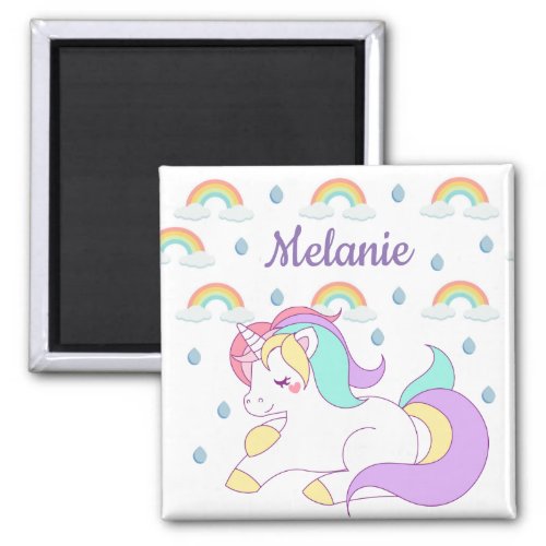 Cute Unicorn and Rainbows Personalised Magnet