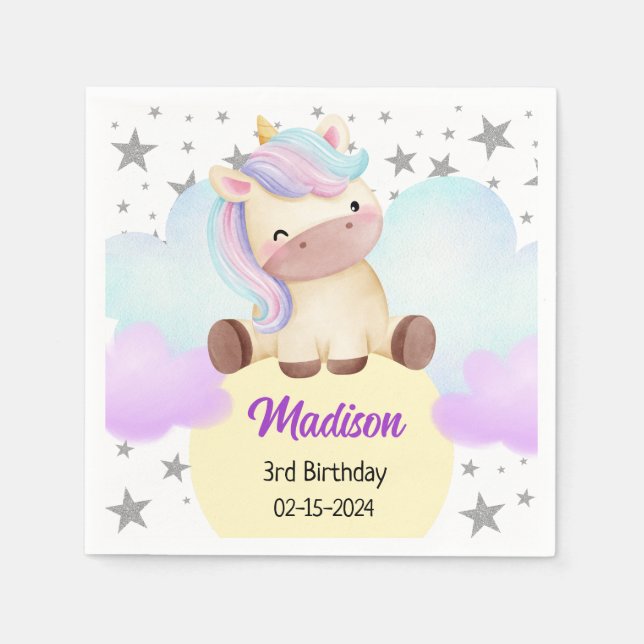 Cute Unicorn and Silver Stars Birthday Napkins (Front)