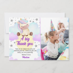 Cute Unicorn and Silver Stars Photo Birthday  Thank You Card