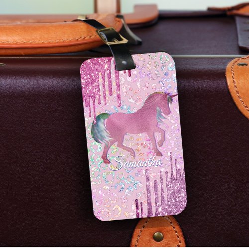 Cute Unicorn Animal Print Drips monogram  Luggage Tag