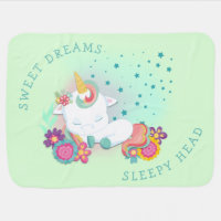 Cute Unicorn Asleep Sweet Dreams Sleepy Head Green Baby Blanket