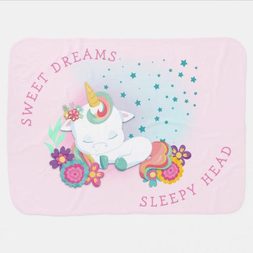 Cute Unicorn Asleep Sweet Dreams Sleepy Head Pink Baby Blanket