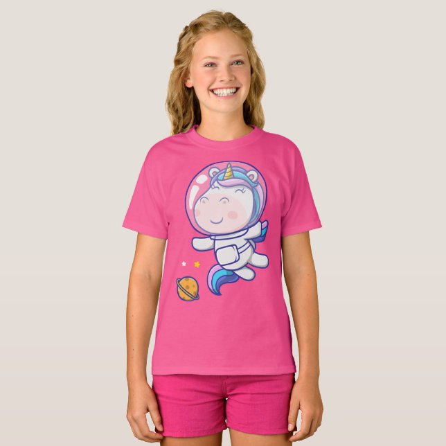 Cute unicorn astronaut floating in space T-Shirt (Front Full)