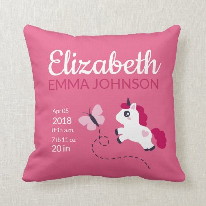 Cute Unicorn Baby Birth Stats Throw Pillow