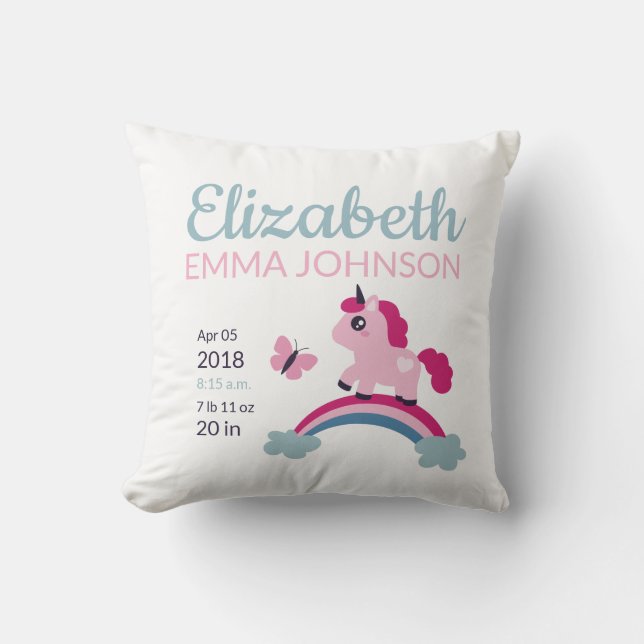 Cute Unicorn Baby Birth Stats Throw Pillow (Front)