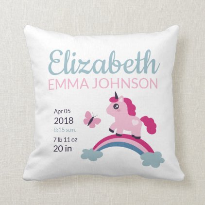 Cute Unicorn Baby Birth Stats Throw Pillow