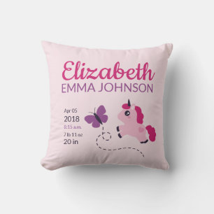 Cute Unicorn Baby Birth Stats Throw Pillow