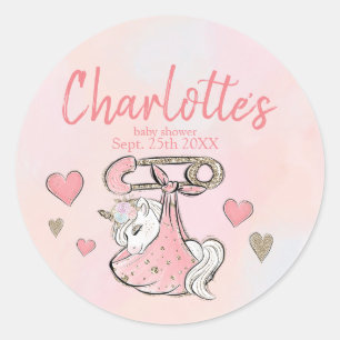 Cute Unicorn Baby Girl and Hearts Classic Round Sticker
