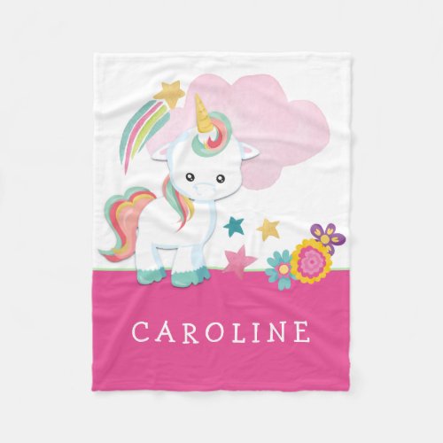 Cute Unicorn Baby Girl Name White Pink Fleece Blanket