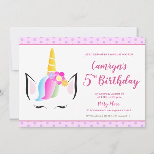 Cute Unicorn Baby Girls 5th birthday Party Invitation
