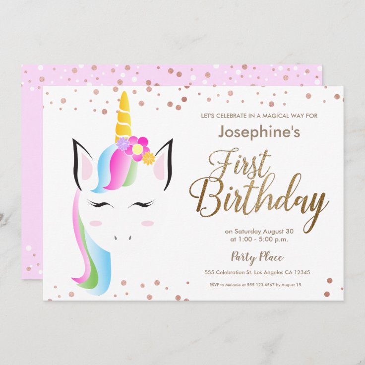 Cute Unicorn Baby Girl's First birthday Party Invitation | Zazzle