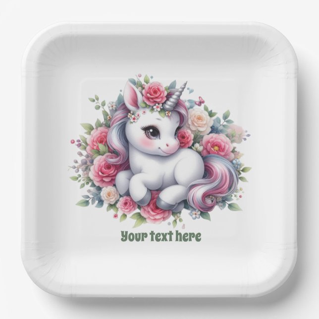 Cute unicorn baby shower customizable paper plates (Front)