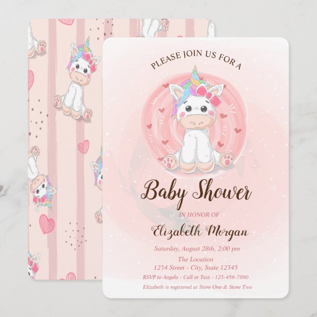 Cute Unicorn Baby Shower Invitation (Front/Back)