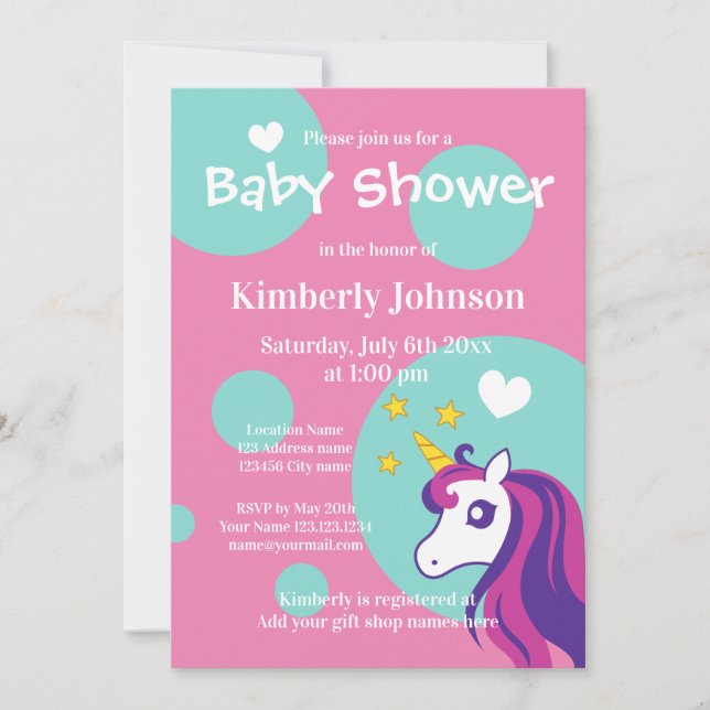 Cute unicorn baby shower invitations for girl (Front)