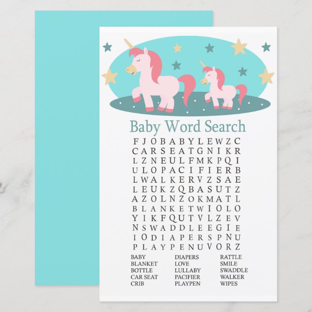 Cute Unicorn Baby Shower Word Search Game (Front/Back)
