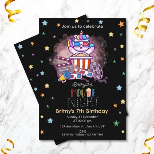 Cute Unicorn Backyard Movie Night Birthday Party  Invitation