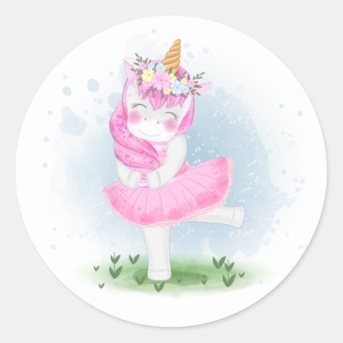 Cute Unicorn Ballerina with Flower Crown Classic Round Sticker