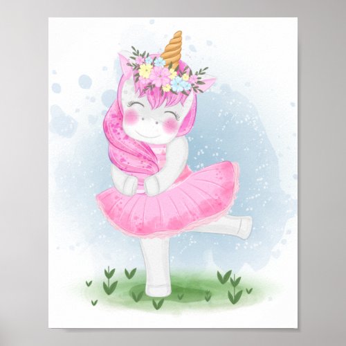 Cute Unicorn Ballerina with Flower Crown Poster