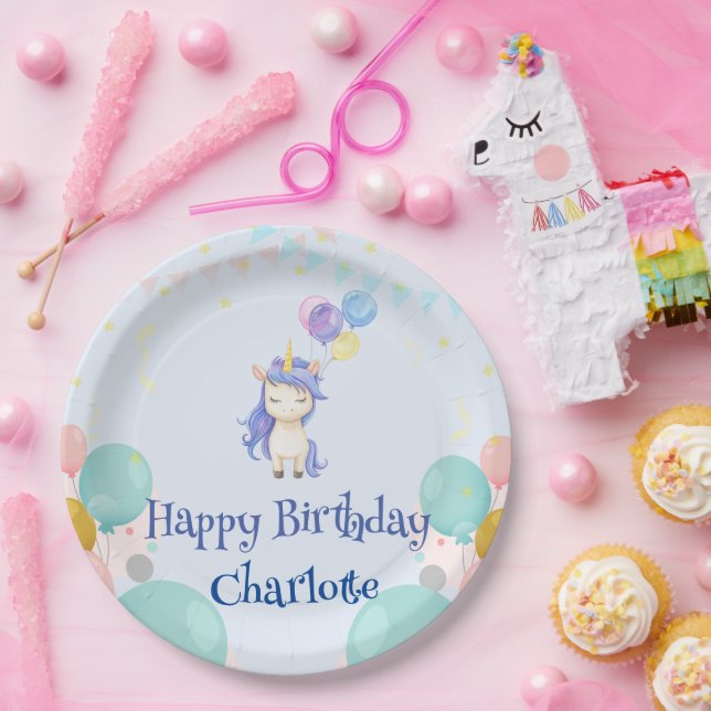 cute Unicorn balloon rainbow birthday party kids Paper Plates (Party)