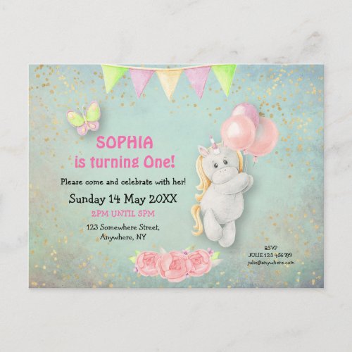 Cute UnicornBalloons First Birthday Invitation Postcard